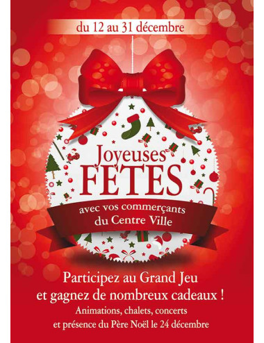 Affiches A2 (42x59,4 cm) Joyeuses Fêtes boules et noeud rouge