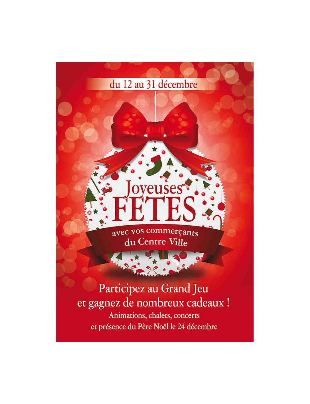 Affiches A3 (30x42 cm) Joyeuses Fêtes boules et noeud rouge