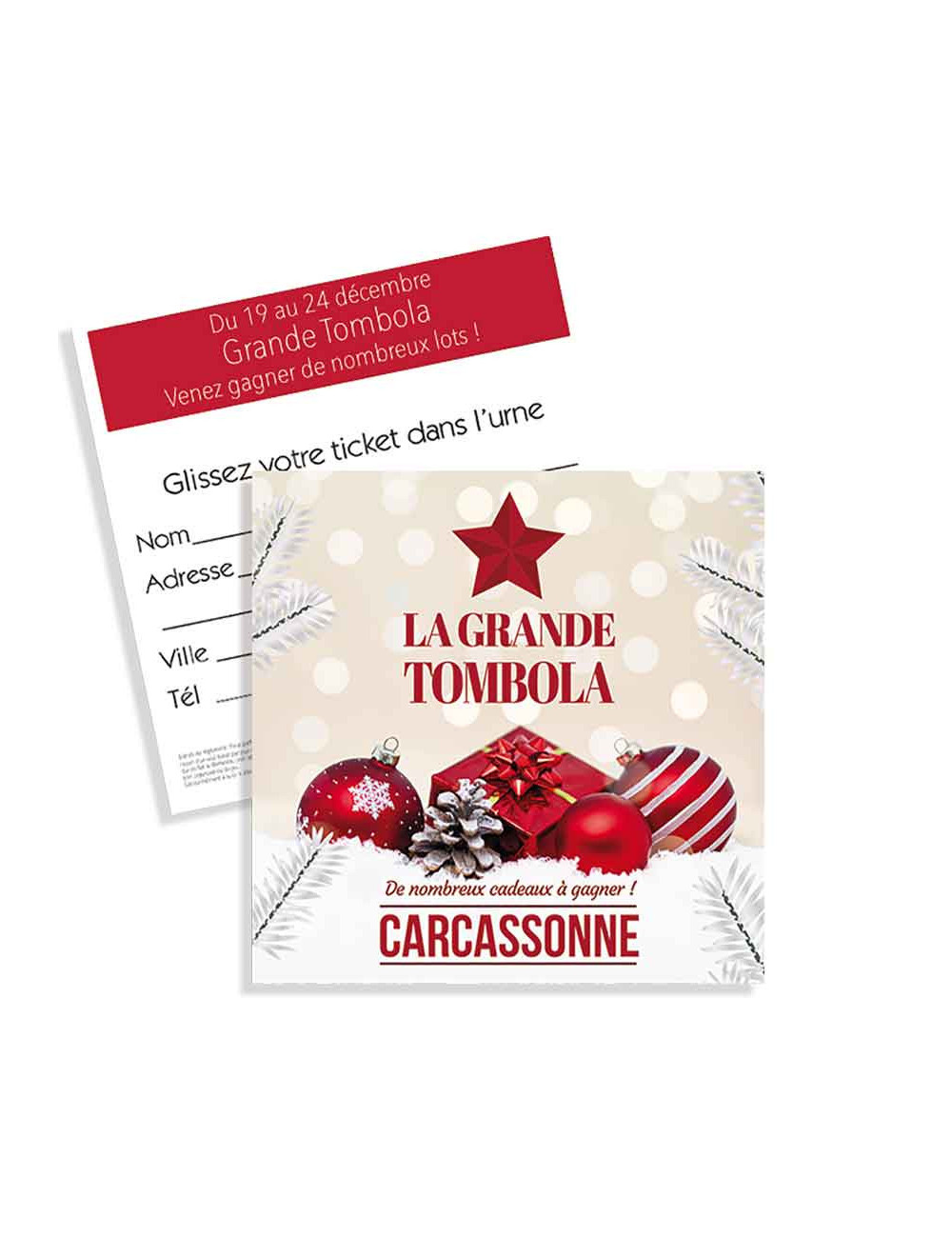 Tickets de tombola 10x10 Joyeuses Fêtes Boules et cadeaux